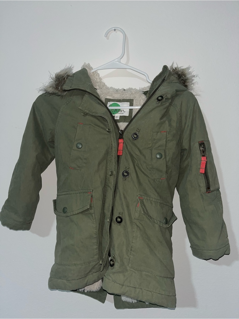 Boden Olive Green Faux Fur Hooded Puffer Jacket for Kids
